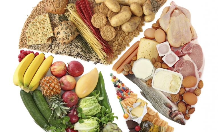 Alimenti deperibili organizzati per tipologie: frutta, verdura, legumi, uova, pasta e pane, carne, salumi, pesce, latticini, snack e dolci
